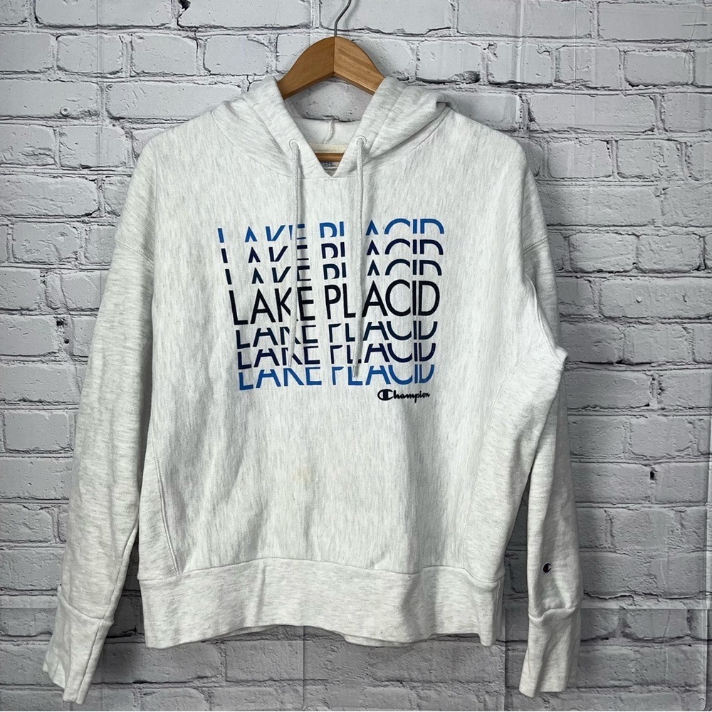Vintage Champion Reverse Weave Lake Placid Hoodie Womens Size Large Gray
